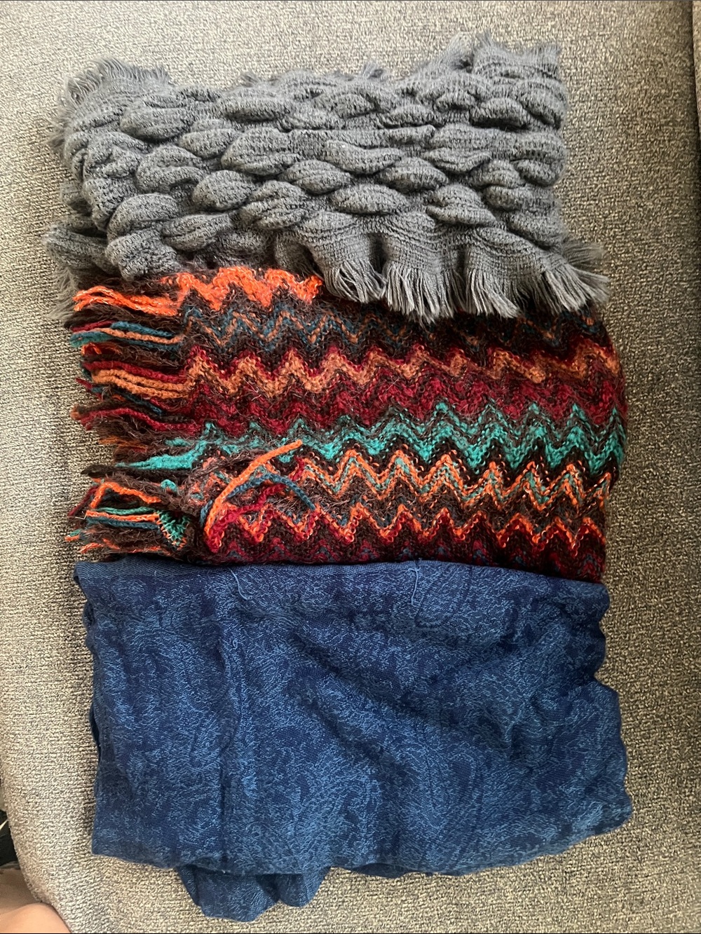 Accessories- scarfs total of 4 - Gray, Multicolor Zigzag & Navy
